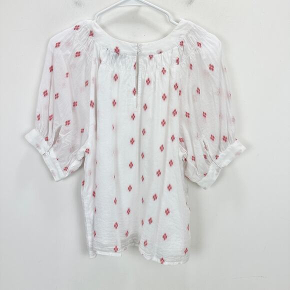 J.Crew Smock Neck Puff Sleeve Top Dot Flowy Cottagecore Cotton White Medium - Picture 7 of 11